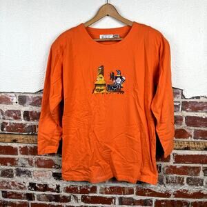 Vintage Halloween Shirt Size Large Orange Long Sleeve Embroidered Witch Cauldron